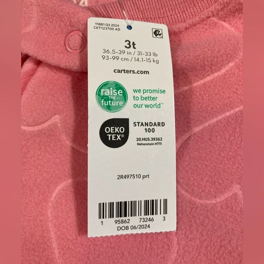 Carter’s One Piece Fleece Footed Girls Toddler Sleeper Size 3T Pink Hearts